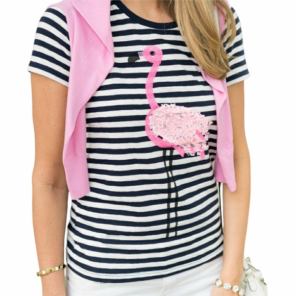 J. Crew Tops - J. Crew Collector Tees navy and white stripe t-shirt pink flamingo, Large